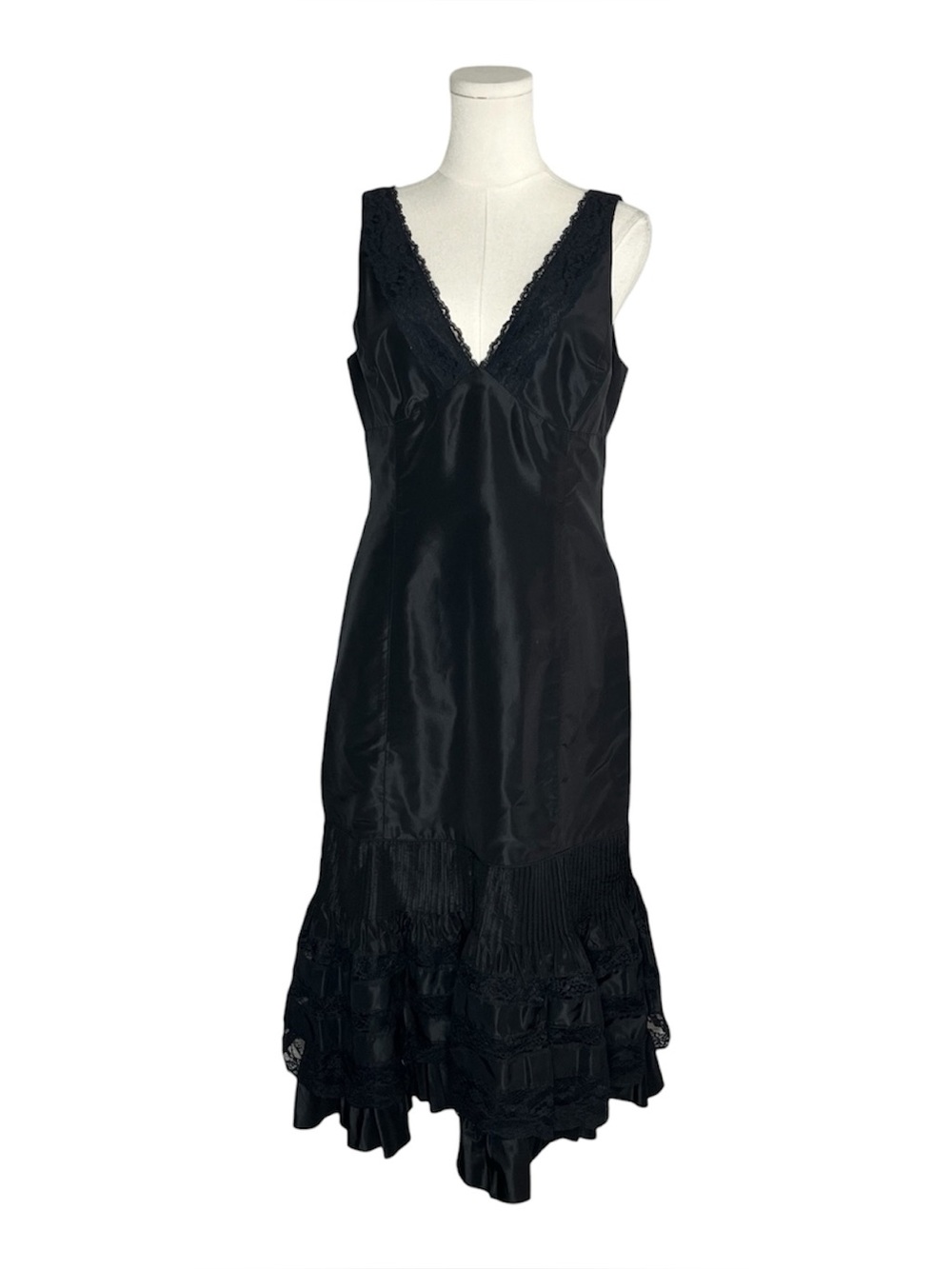 Teri Jon Black 100% Silk Taffeta Sleeveless Tiered Ruffled Lace Midi Dress